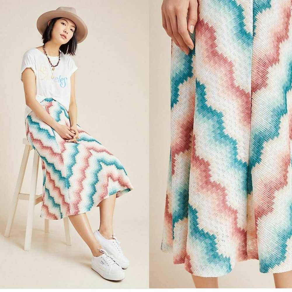 Anthropologie Chevron Wave Midi Skirt in Teal, Coral & Cream